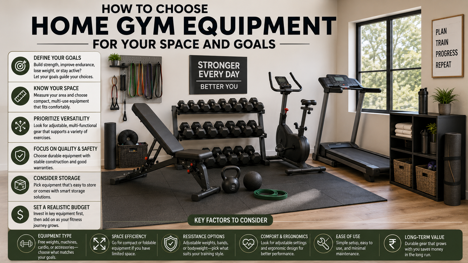 Unbranded a balanced home-gym setup with unbranded strength and cardio equipment for home gym equipment