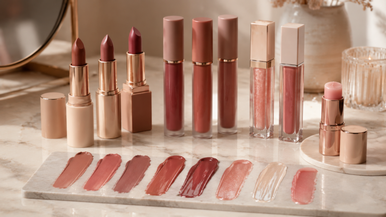 Different lip products and swatches showing matte glossy and satin finishes