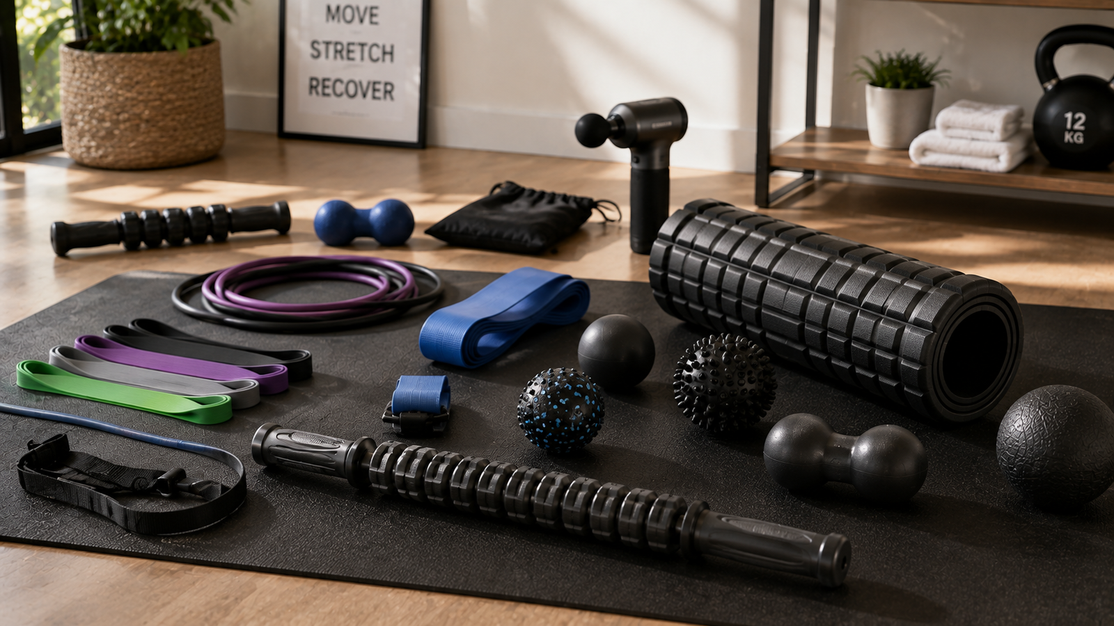 Unbranded unbranded massage balls, mobility sticks, bands and rollers in a recovery setup for mobility tools