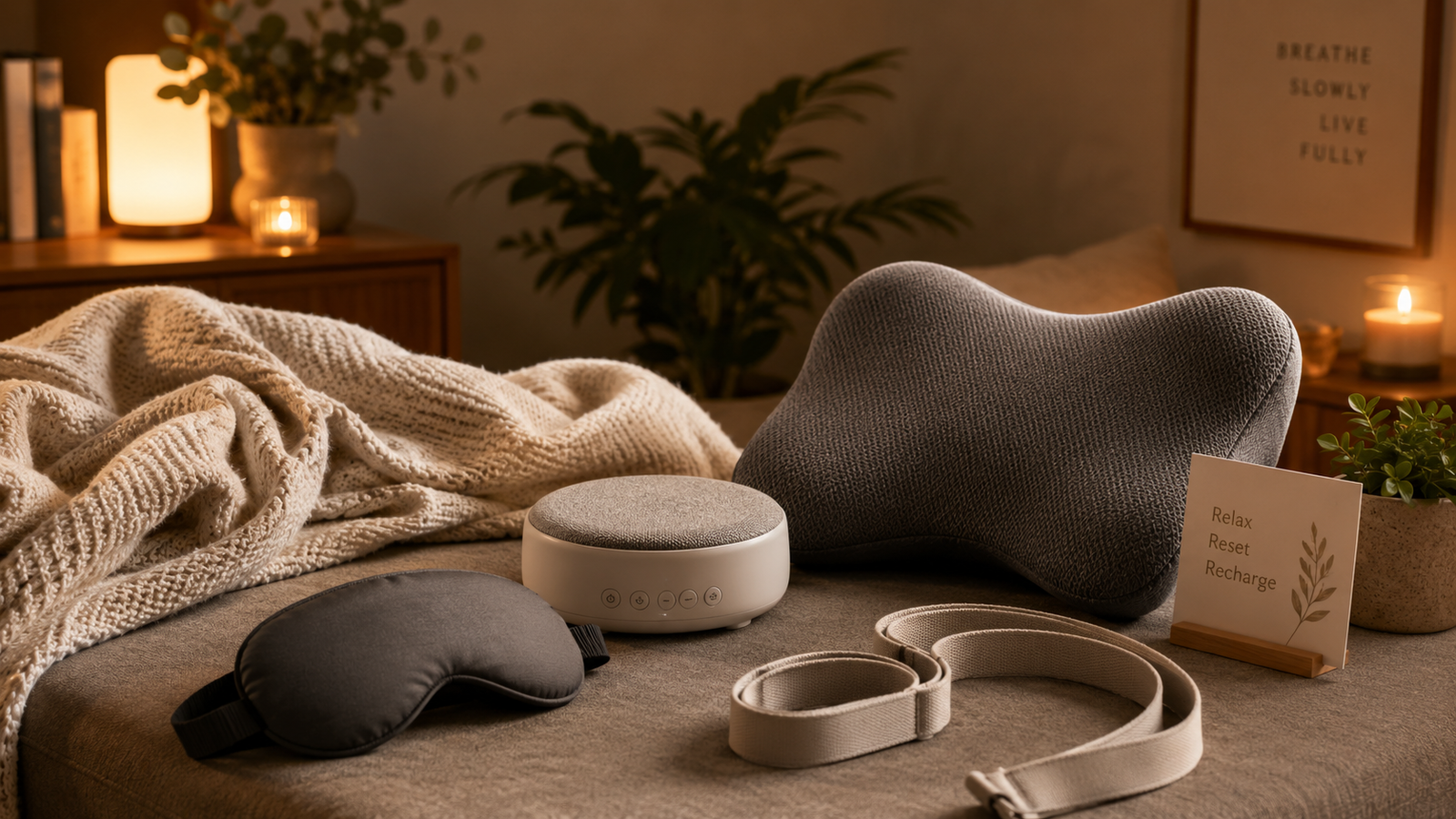Unbranded a calm arrangement of unbranded relaxation accessories with soft textiles and warm ambient light for relaxation products