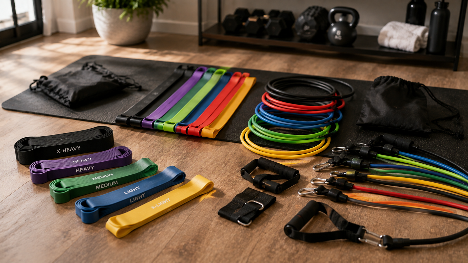 Unbranded loop and tube-style unbranded resistance bands arranged with handles and anchors for how to choose resistance bands