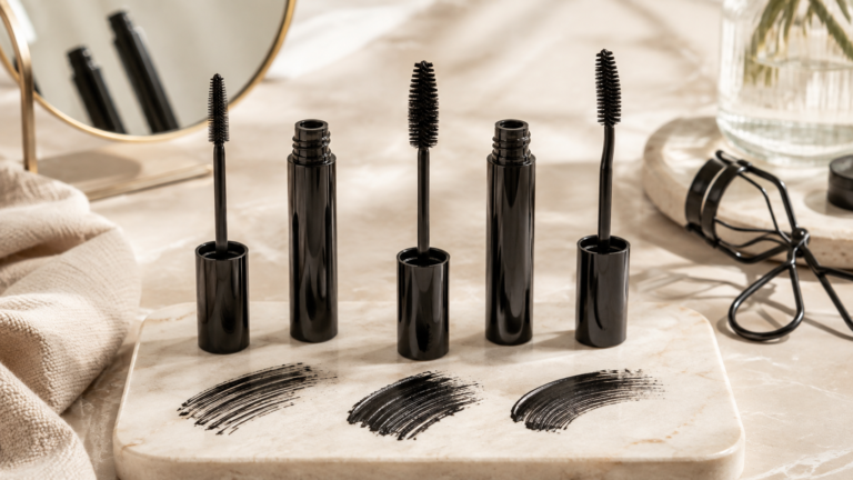 Black mascara tubes and different mascara wands for choosing the right mascara