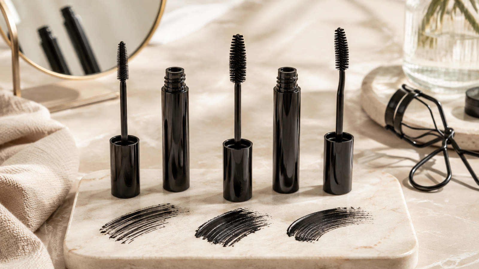 Black mascara tubes and different mascara wands for choosing the right mascara