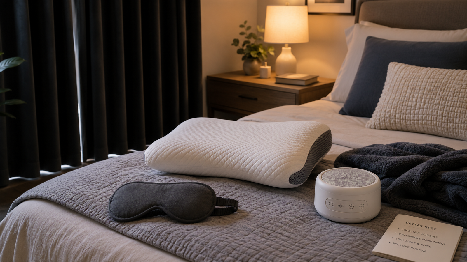 Unbranded a curated sleep setup with unbranded mask, pillow, white-noise device and soft bedding for sleep accessories