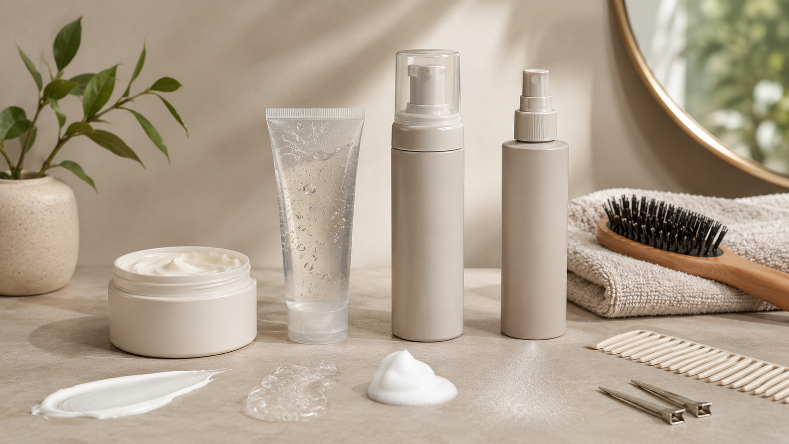 Unbranded unbranded styling cream, gel, mousse and spray arranged with simple hair tools for how to choose hair styling products
