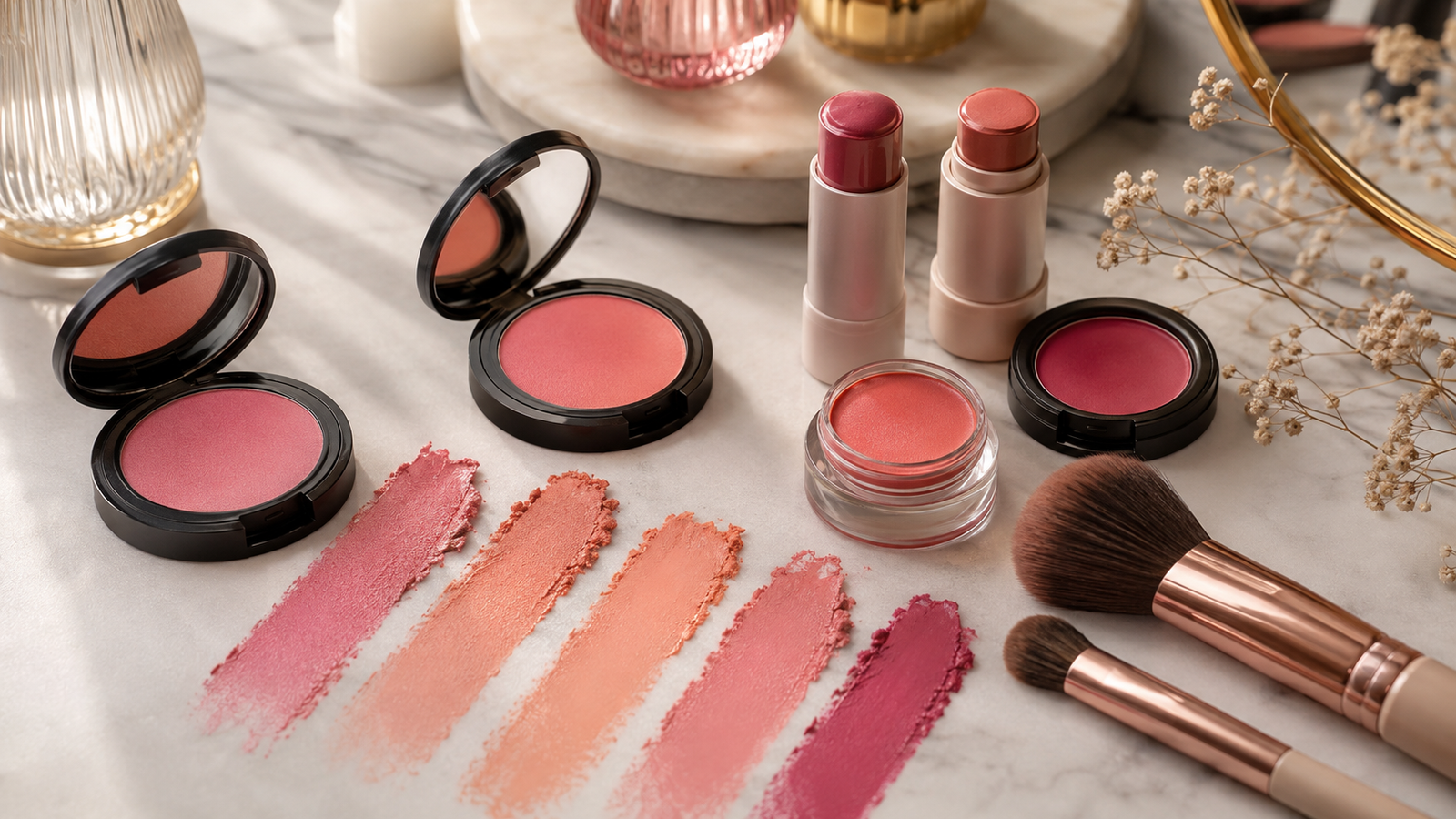 Unbranded unbranded cream and powder blushes with brushes and soft pink, peach and berry swatches for how to choose blush