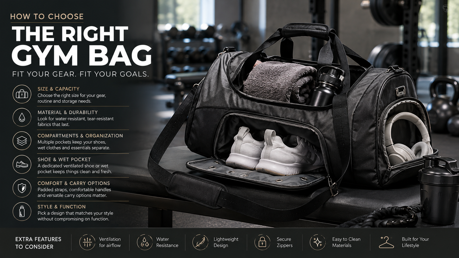 Unbranded unbranded gym bags with neatly organized workout essentials in a locker-room inspired setting for how to choose gym bag
