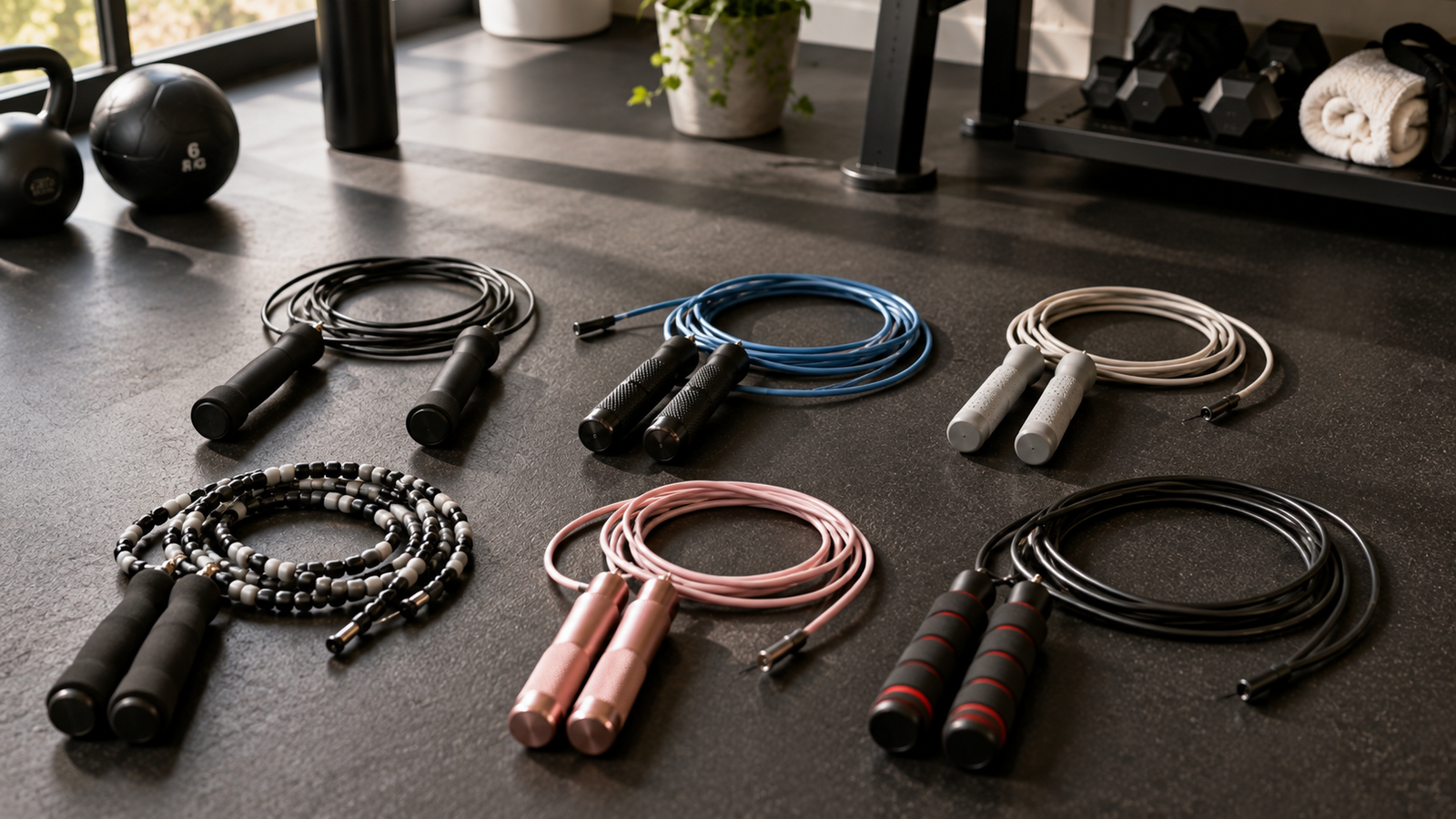 Unbranded several unbranded jump ropes with different cable styles and handles on a gym floor for how to choose jump rope