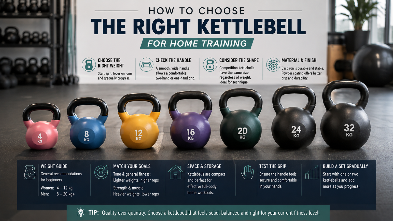 Unbranded unbranded kettlebells in several sizes arranged on a clean rubber gym floor for how to choose kettlebell