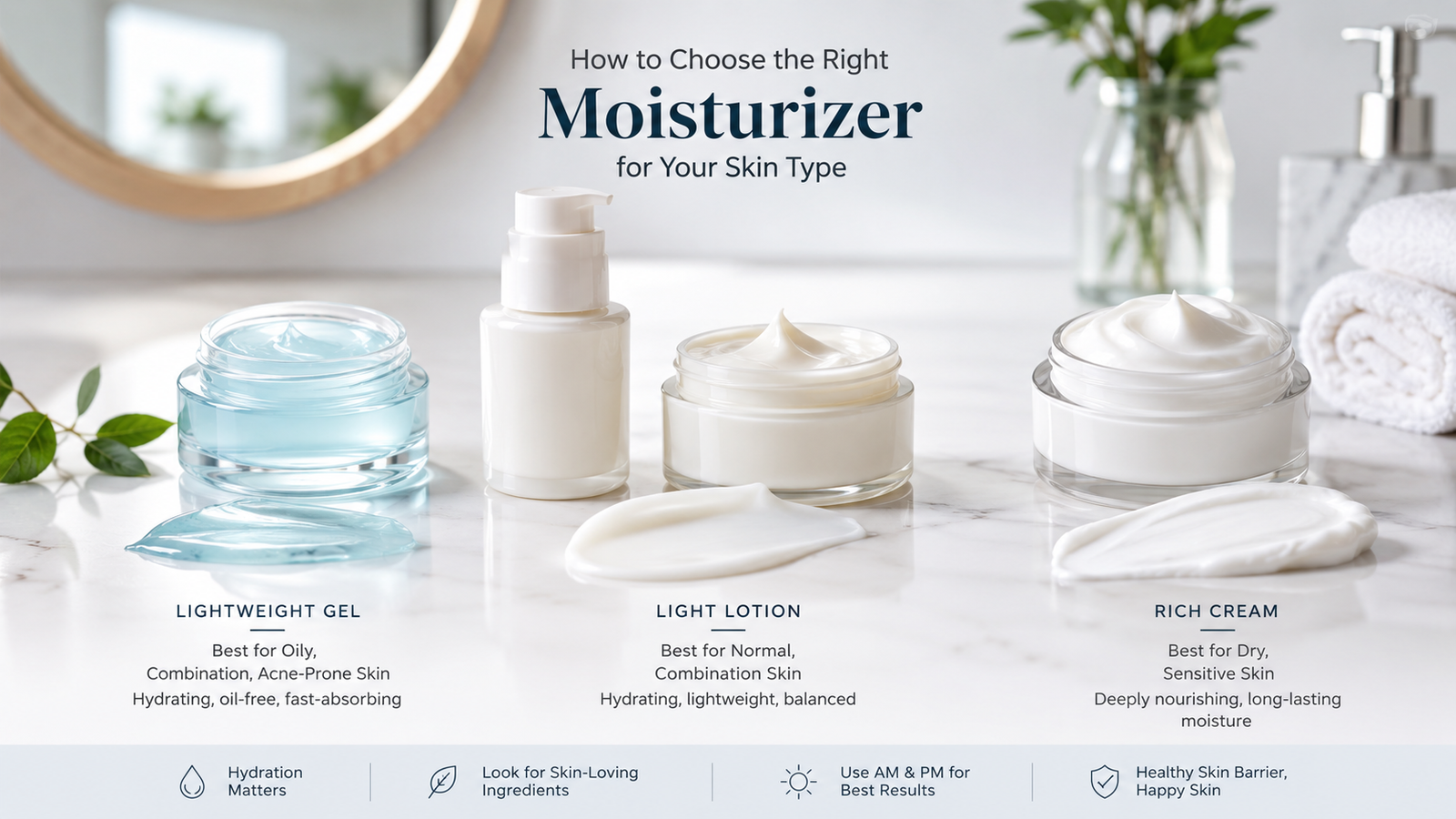 Unbranded unbranded gel, lotion and cream moisturizers with soft hydration texture swatches for how to choose moisturizer