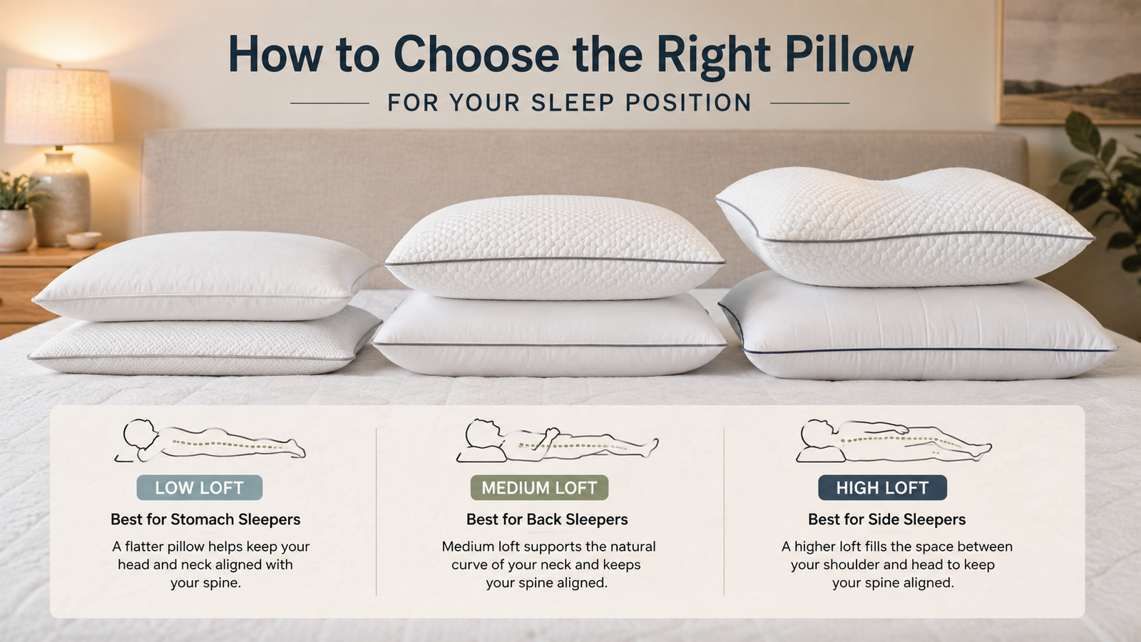 Unbranded several unbranded pillows with different lofts and fills on a premium neutral bed for how to choose pillow
