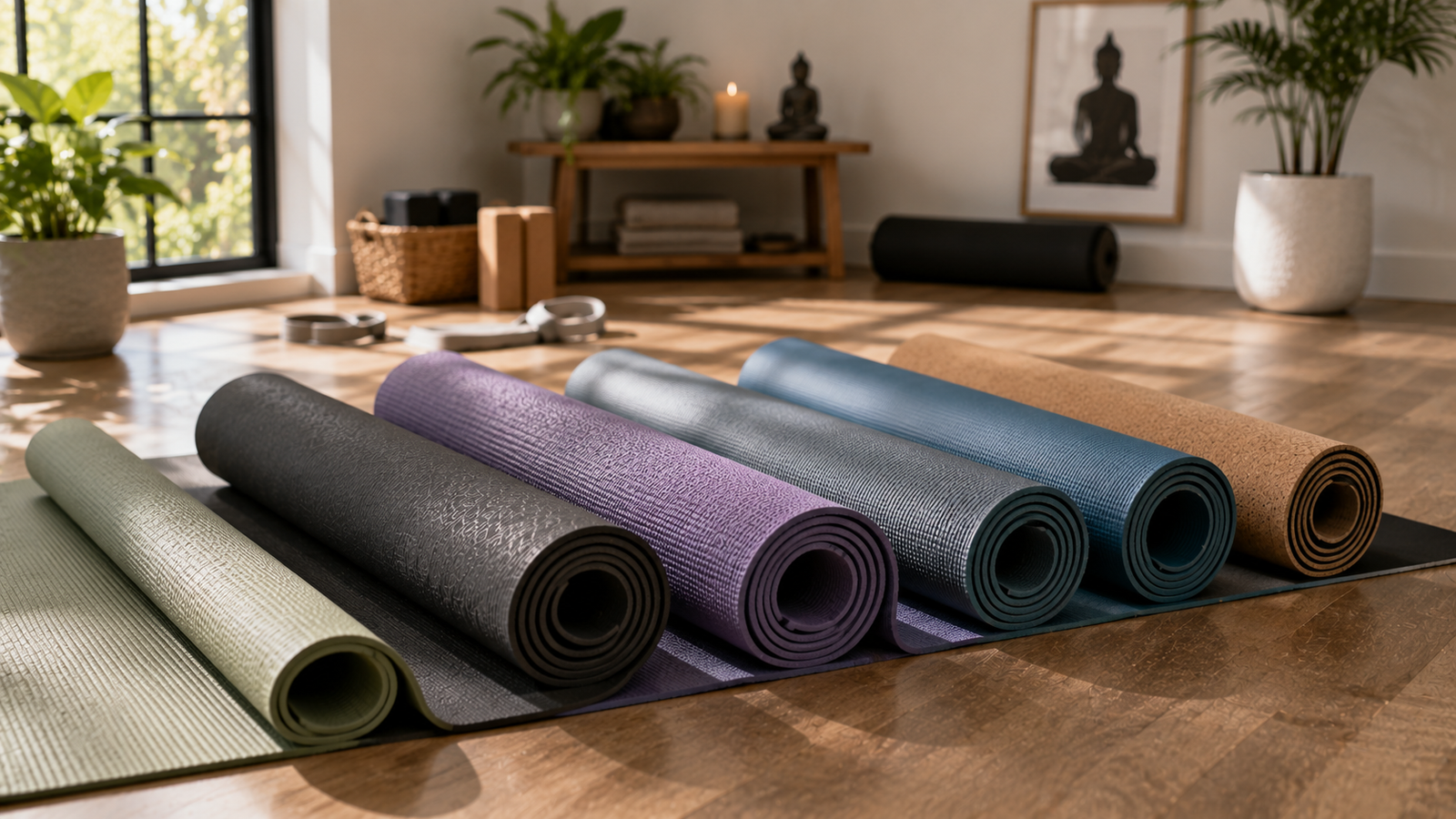 Unbranded several unbranded yoga mats showing different textures and thicknesses for how to choose yoga mat