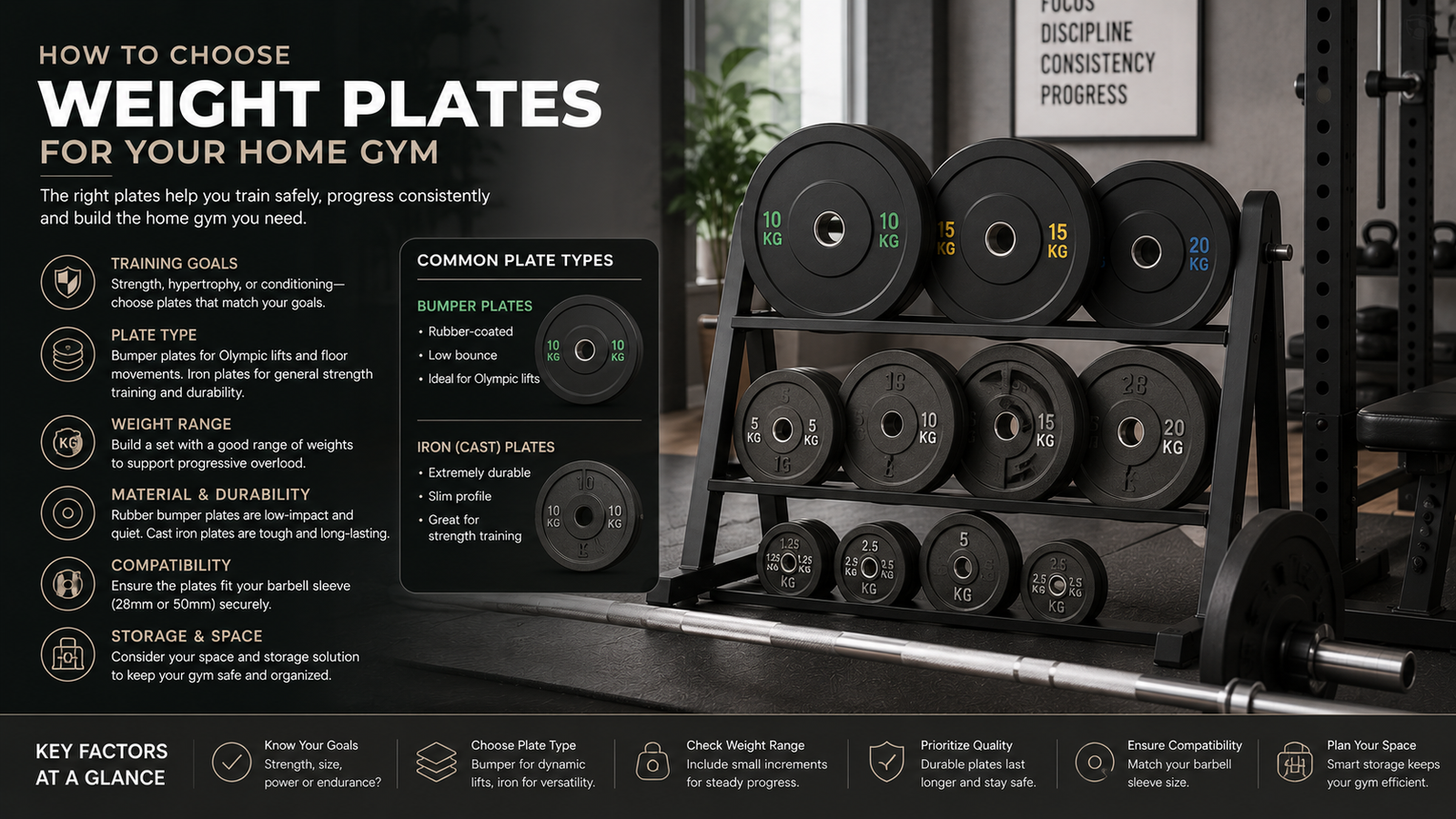 Unbranded unbranded bumper and iron-style weight plates organized on a compact rack for how to choose weight plates