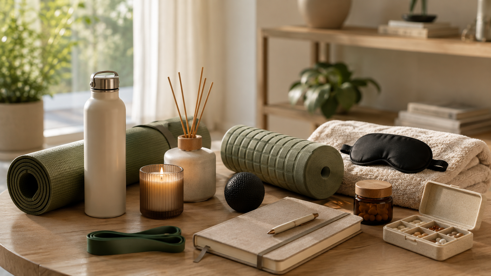 Unbranded a curated set of unbranded everyday wellness accessories in a calm home setting for wellness accessories