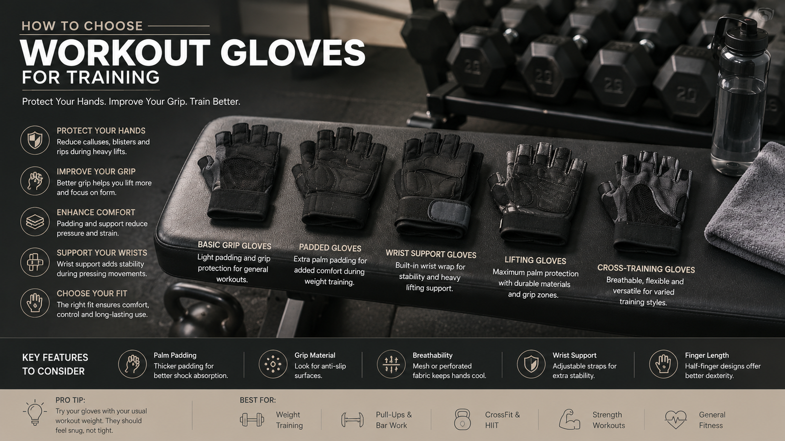 Unbranded pairs of unbranded workout gloves arranged beside dumbbells and a weight bench for how to choose workout gloves