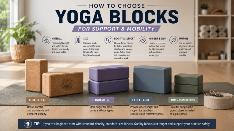 Unbranded cork and foam-style unbranded yoga blocks arranged beside a yoga mat for how to choose yoga blocks