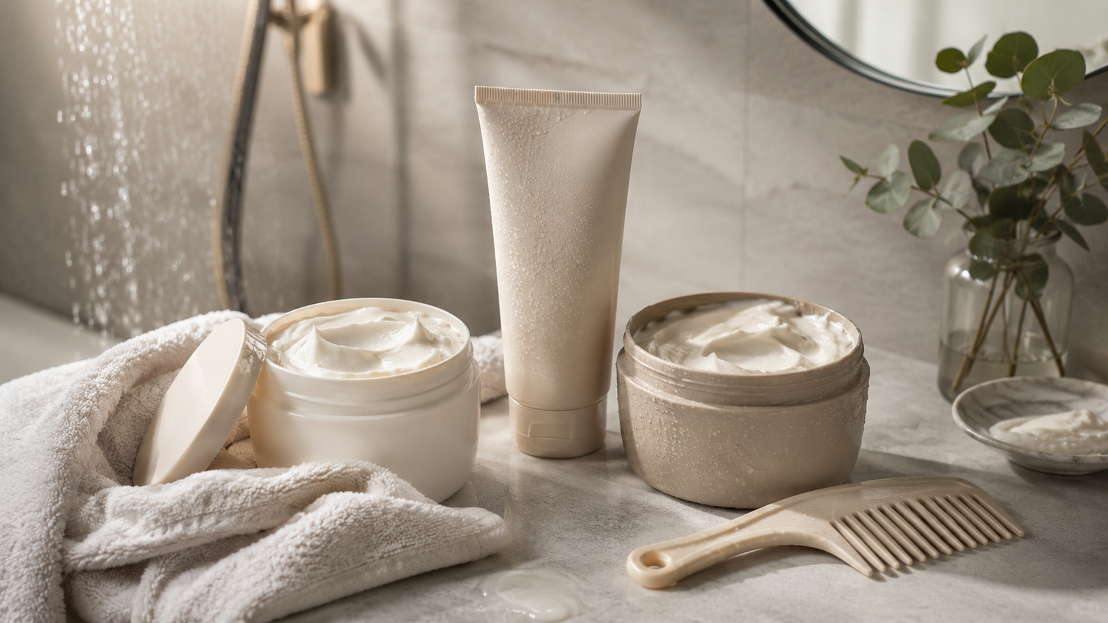 Unbranded unbranded hair mask jars with a shower comb, towel and rich cream texture for how to use hair mask