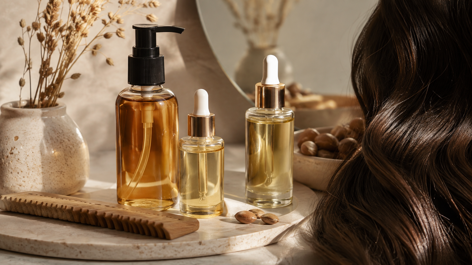 Unbranded unbranded hair oil bottles with droppers, comb and glossy natural hair strands for how to use hair oil