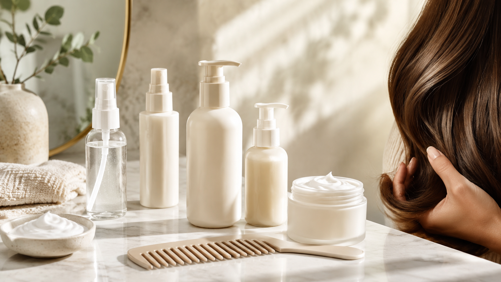 Unbranded leave-in conditioner sprays, creams and pumps beside a detangling comb and healthy hair detail