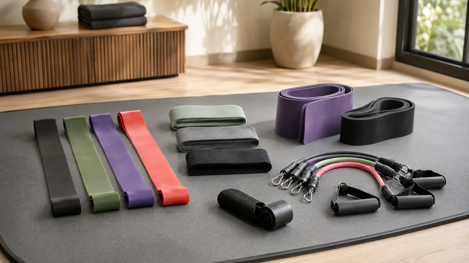 Loop bands, resistance tubes and pull-up bands arranged for comparing types and resistance levels