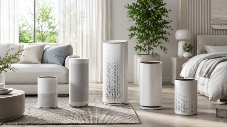 Five air purifiers arranged in a clean modern home interior