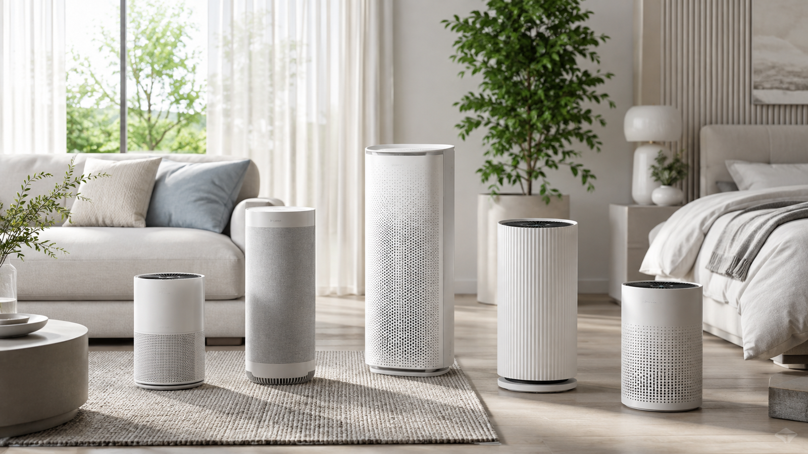 Five air purifiers arranged in a clean modern home interior
