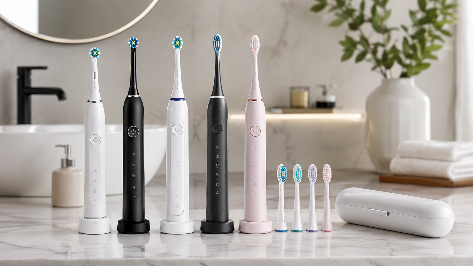 Five electric toothbrushes arranged on a clean modern bathroom vanity