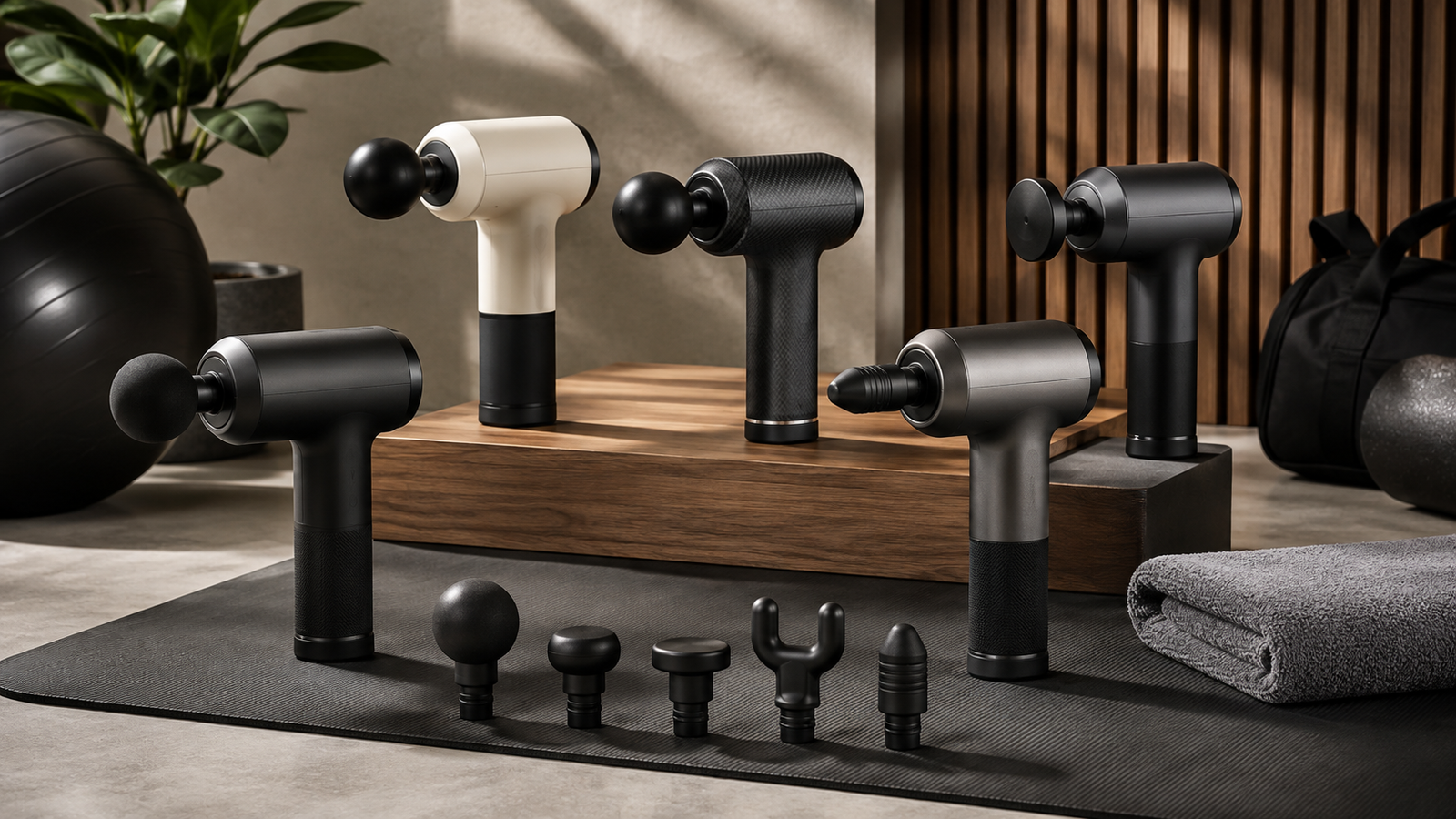 Five massage guns with attachments arranged in a premium recovery setup