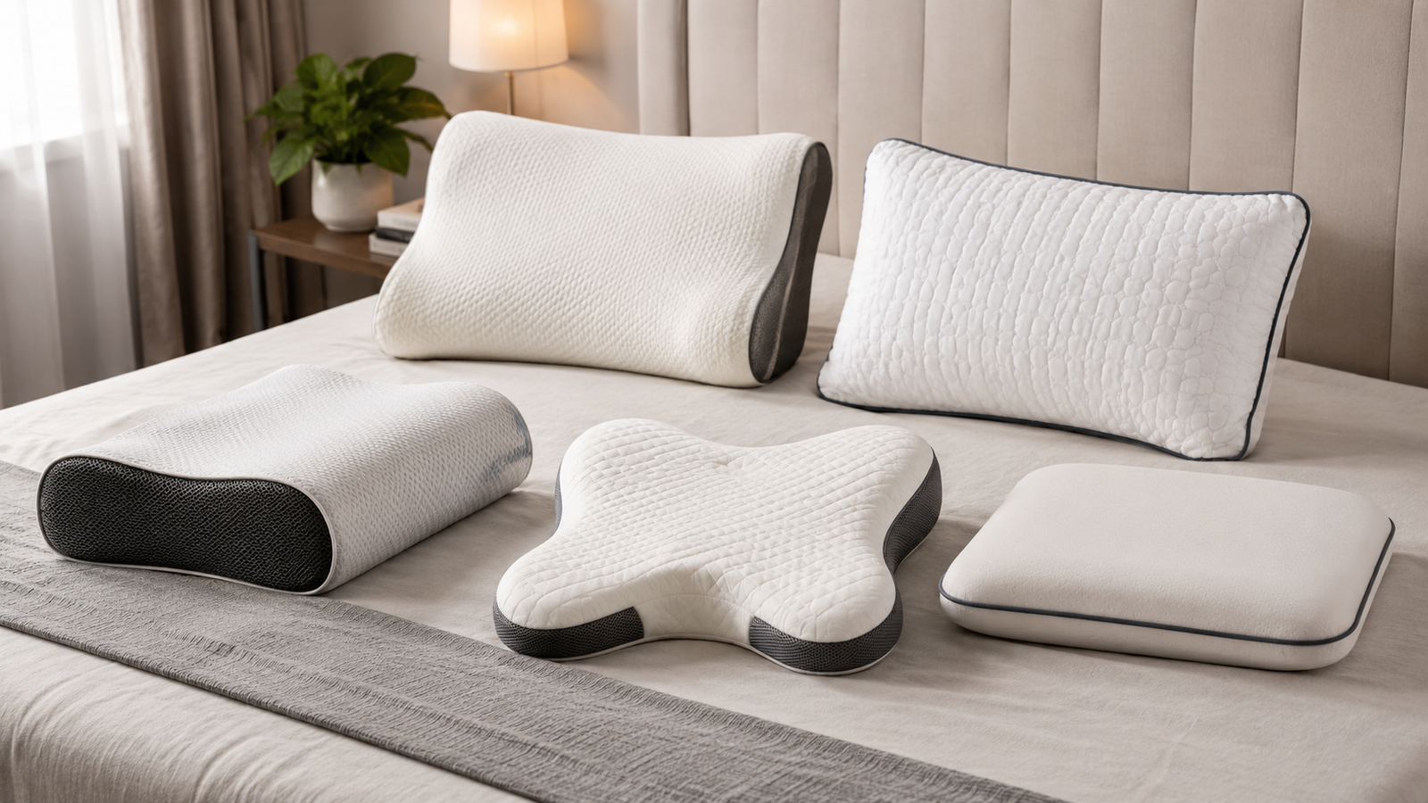 Five memory foam pillows in contoured, traditional and winged shapes on a premium bed