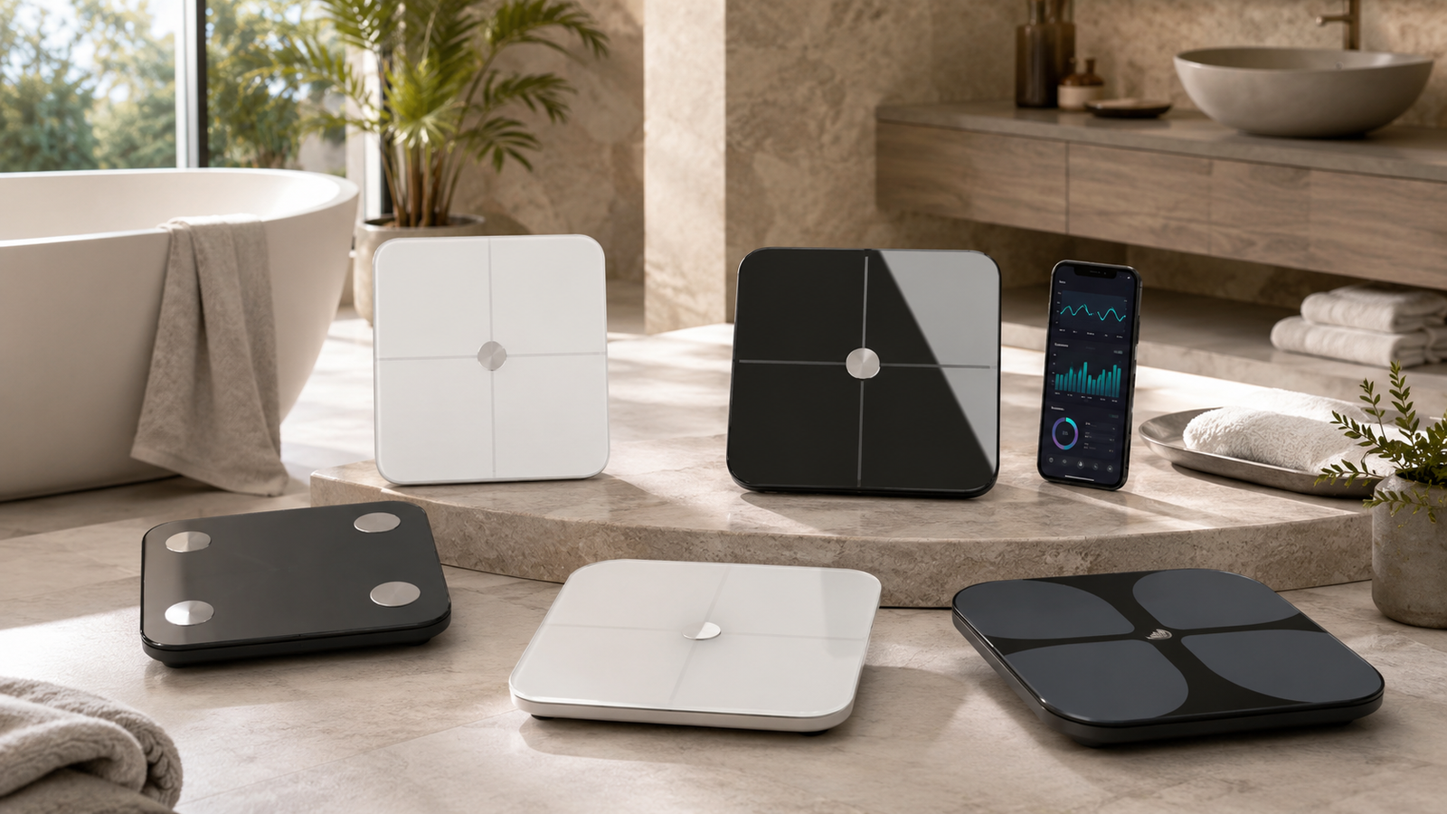 Five smart body scales beside a smartphone with abstract wellness trend graphics