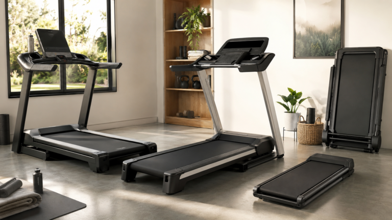 Home treadmills and compact walking pad arranged for comparing deck size, incline and folding design
