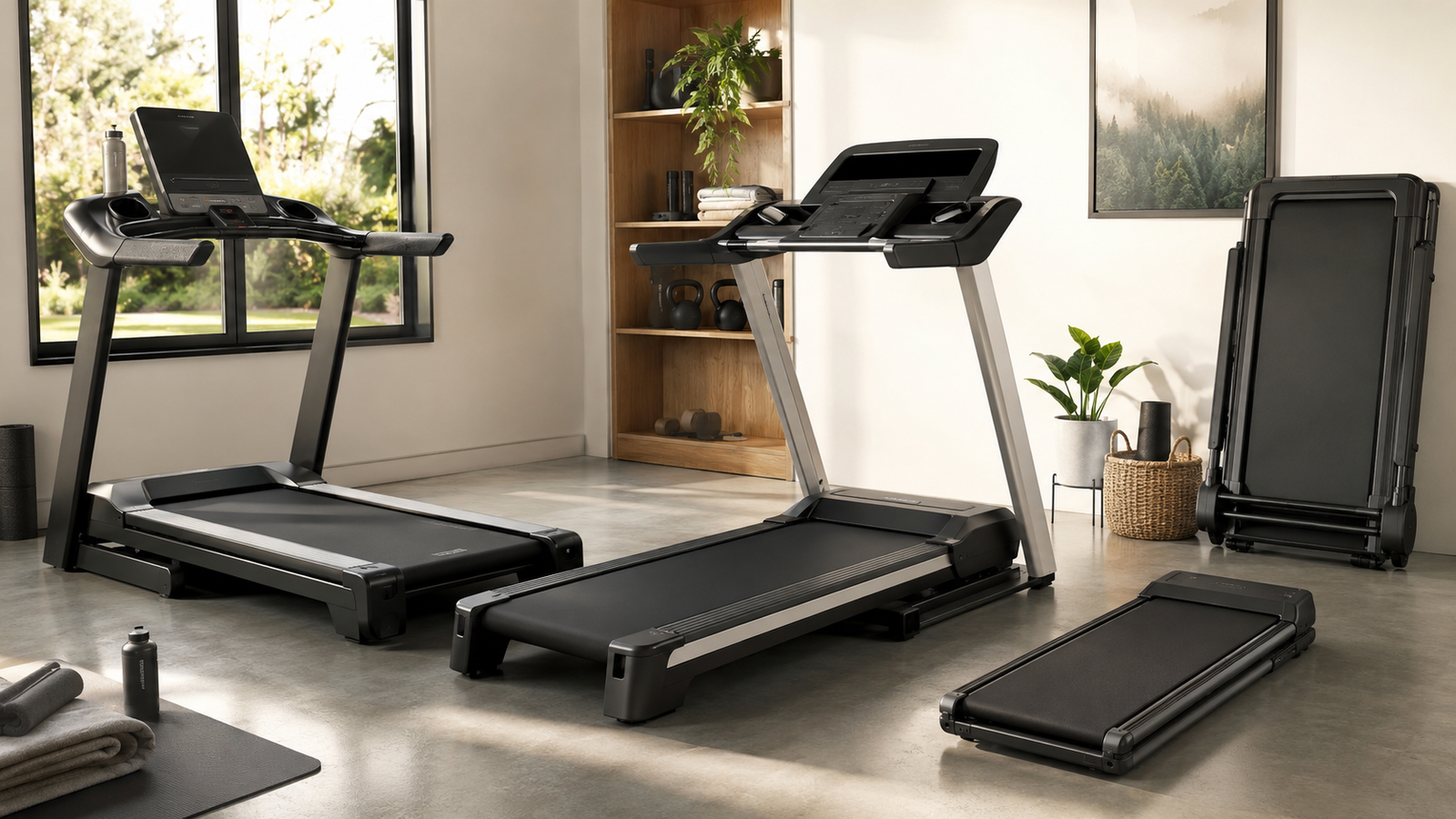 Home treadmills and compact walking pad arranged for comparing deck size, incline and folding design