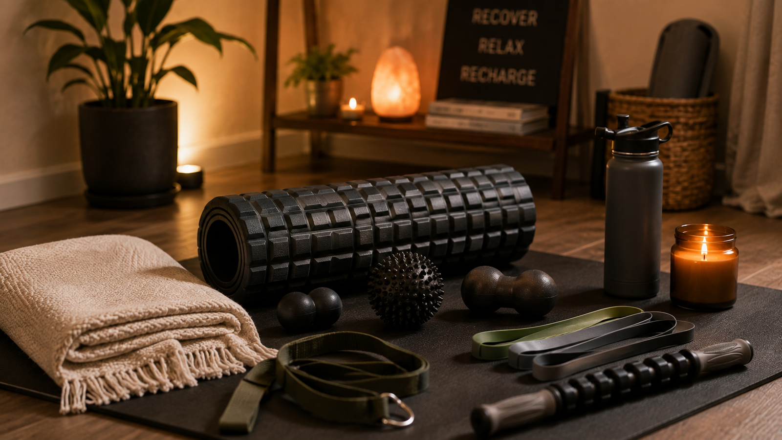 Unbranded a quiet recovery setting with a foam roller, warm blanket, massage tool and soft lighting for recovery and relaxation