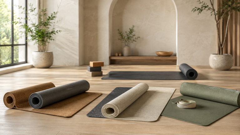 Yoga mats in different thicknesses and textures for comparing grip, cushioning and material