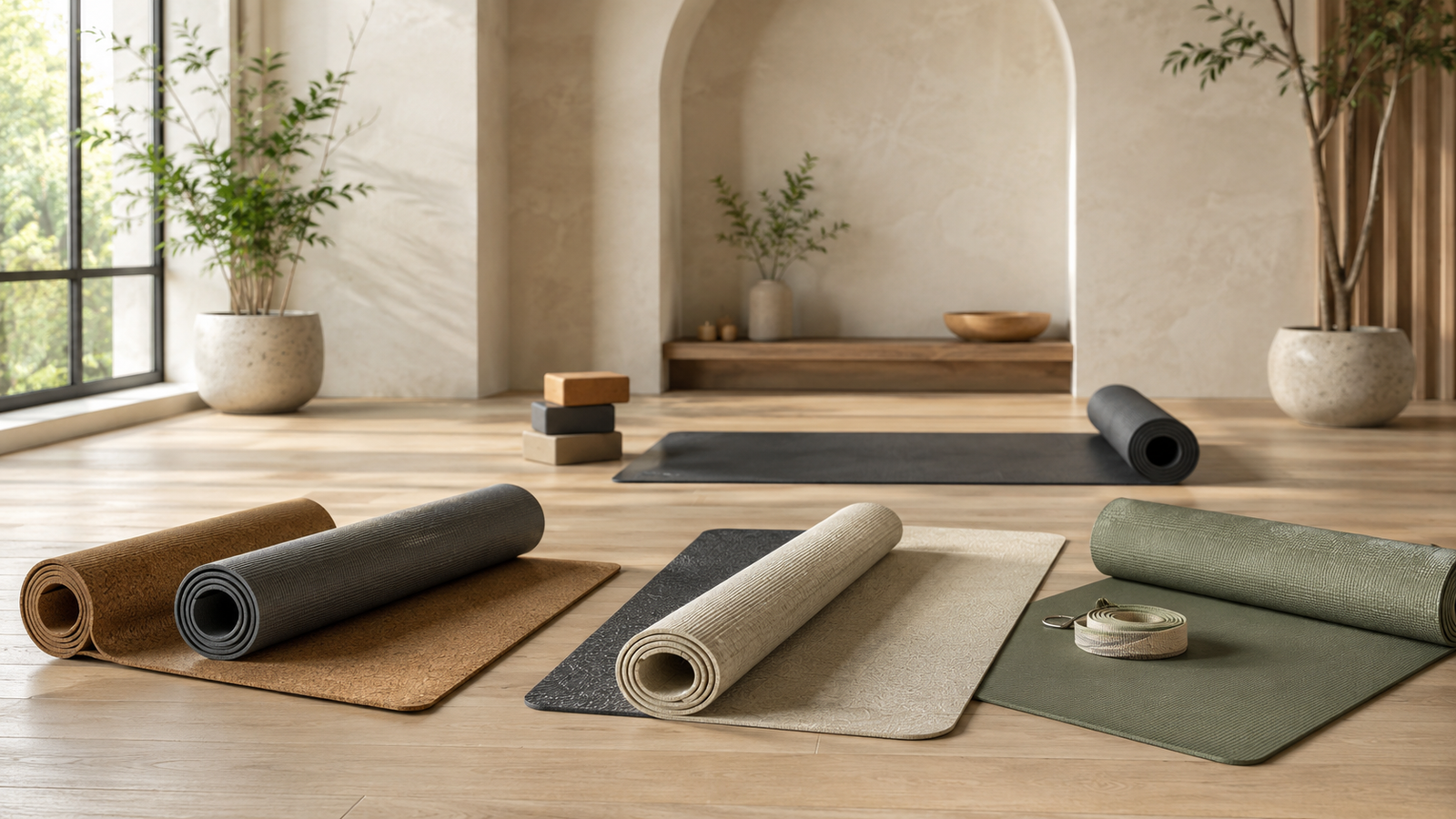 Yoga mats in different thicknesses and textures for comparing grip, cushioning and material