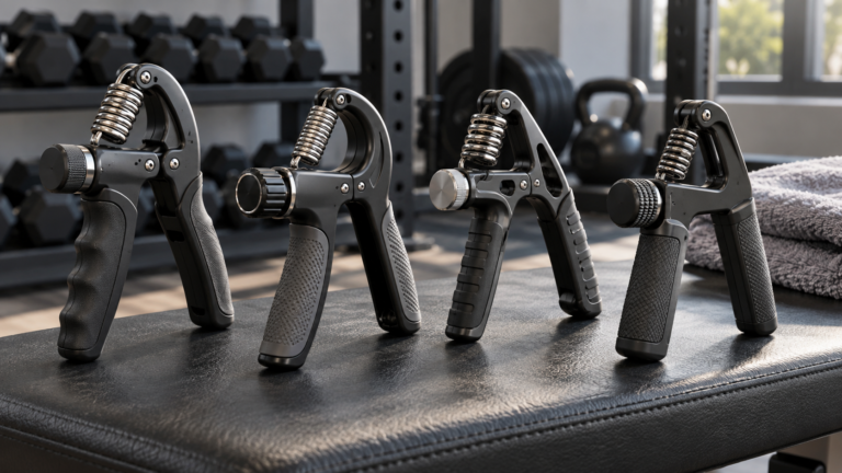 Unbranded comparison of adjustable hand grippers on a neutral editorial product display
