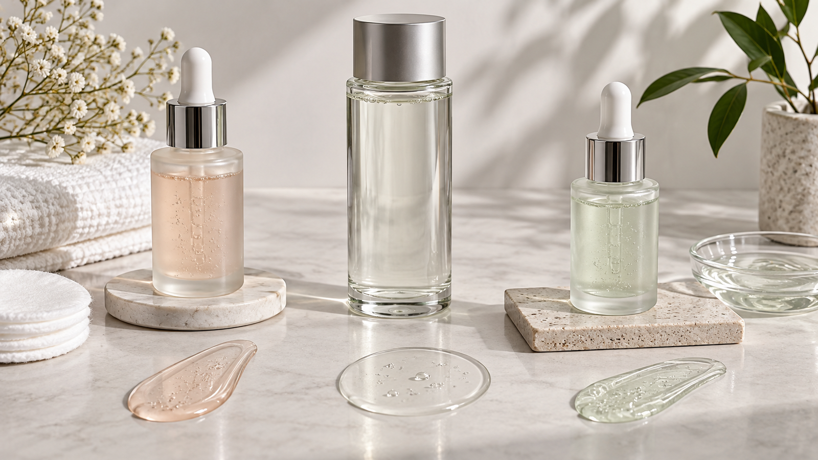 Three unbranded exfoliating skincare formats with droppers and liquid texture swatches