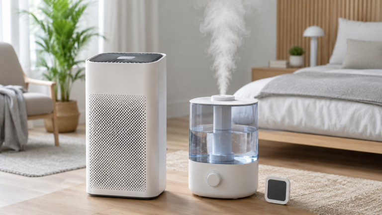 Unbranded air purifier beside a cool-mist humidifier in a clean modern bedroom
