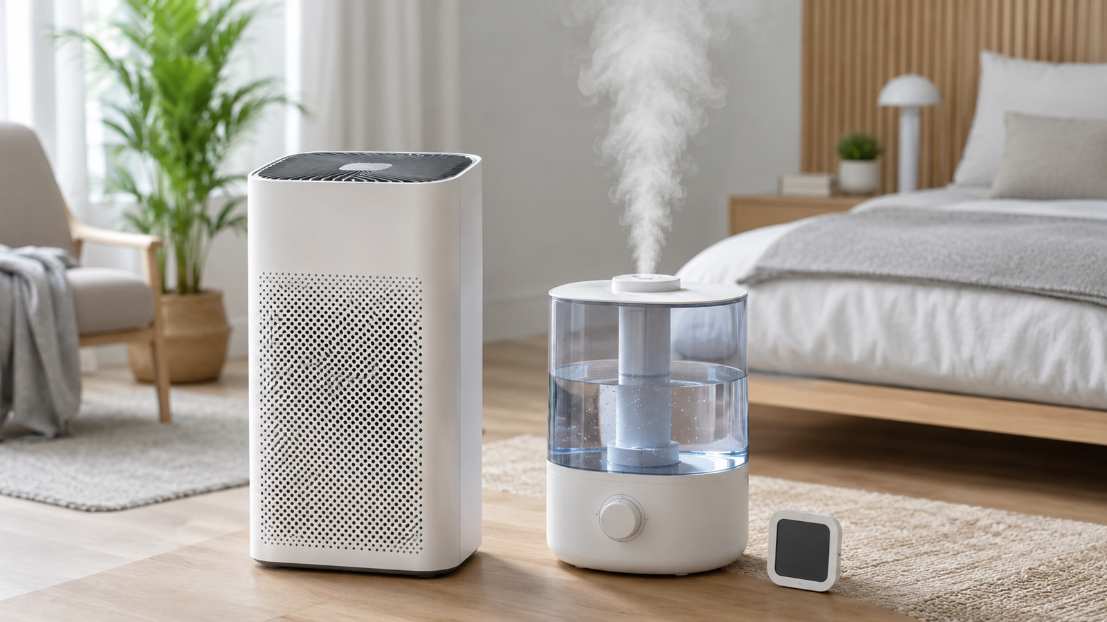 Unbranded air purifier beside a cool-mist humidifier in a clean modern bedroom