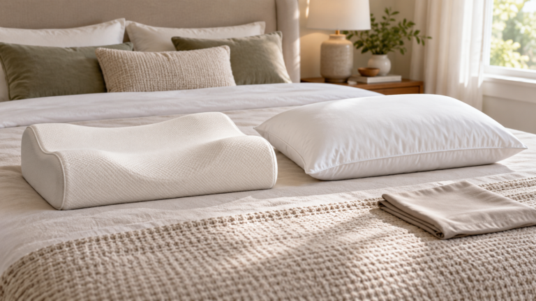 Unbranded comparison of cervical contour pillow and traditional pillow on a neutral editorial product display