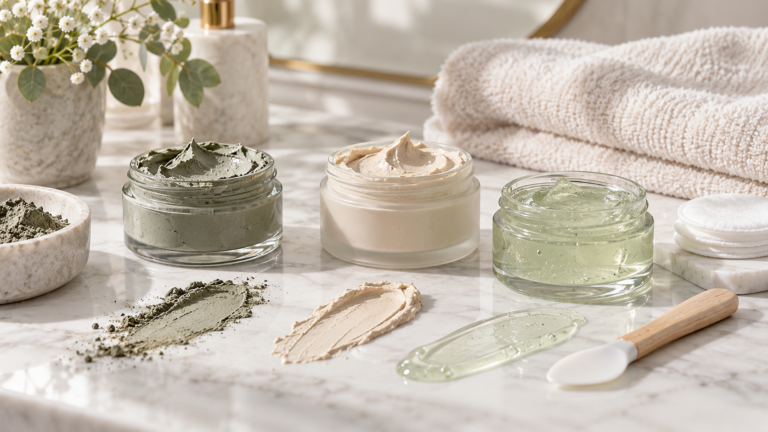 Unbranded clay face-mask jars with mineral clay and cream texture swatches on a neutral skincare vanity