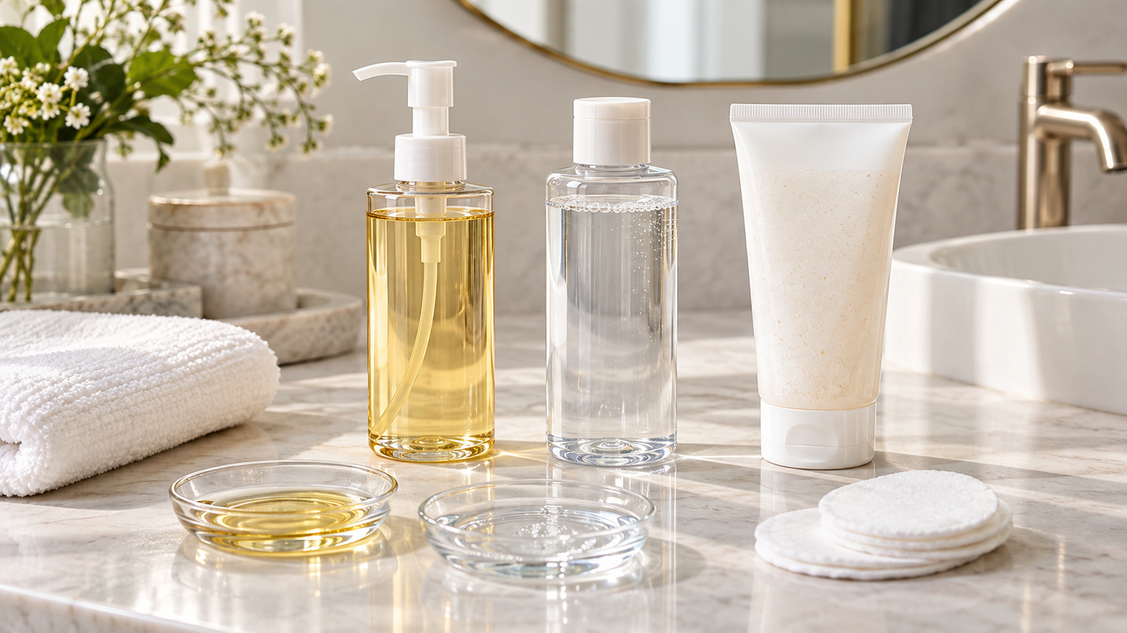Unbranded comparison of cleansing oil and micellar water and face wash on a neutral editorial product display