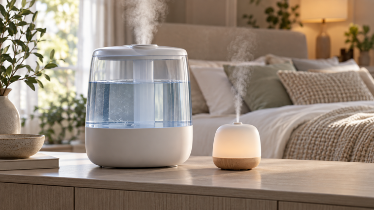 Unbranded comparison of cool-mist humidifier and aroma diffuser on a neutral editorial product display