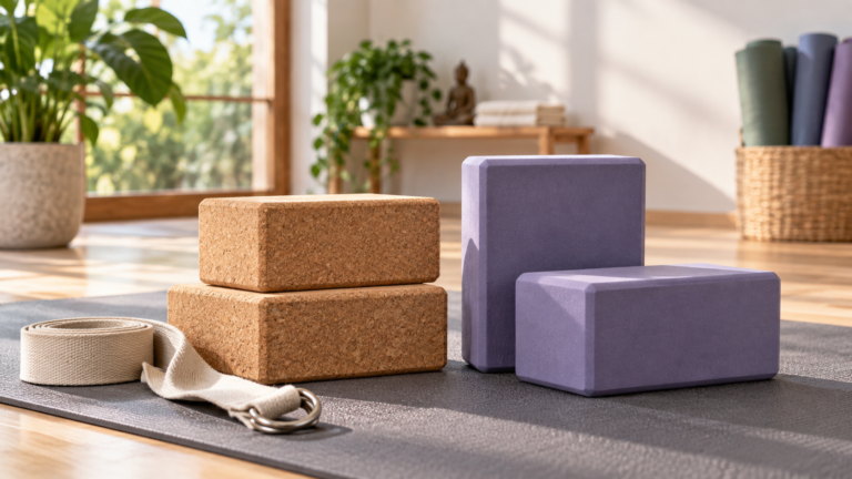 Cork and foam yoga blocks side by side on a yoga mat