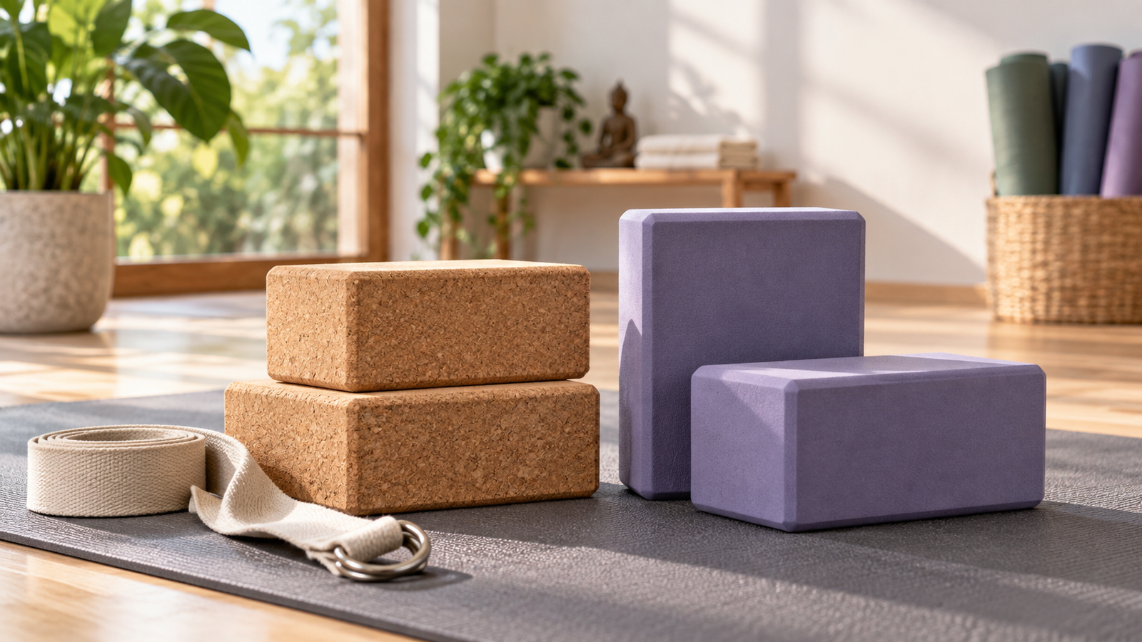 Cork and foam yoga blocks side by side on a yoga mat