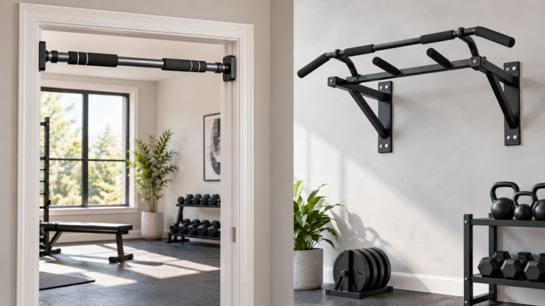 Unbranded comparison of doorway and wall-mounted pull-up bars on a neutral editorial product display
