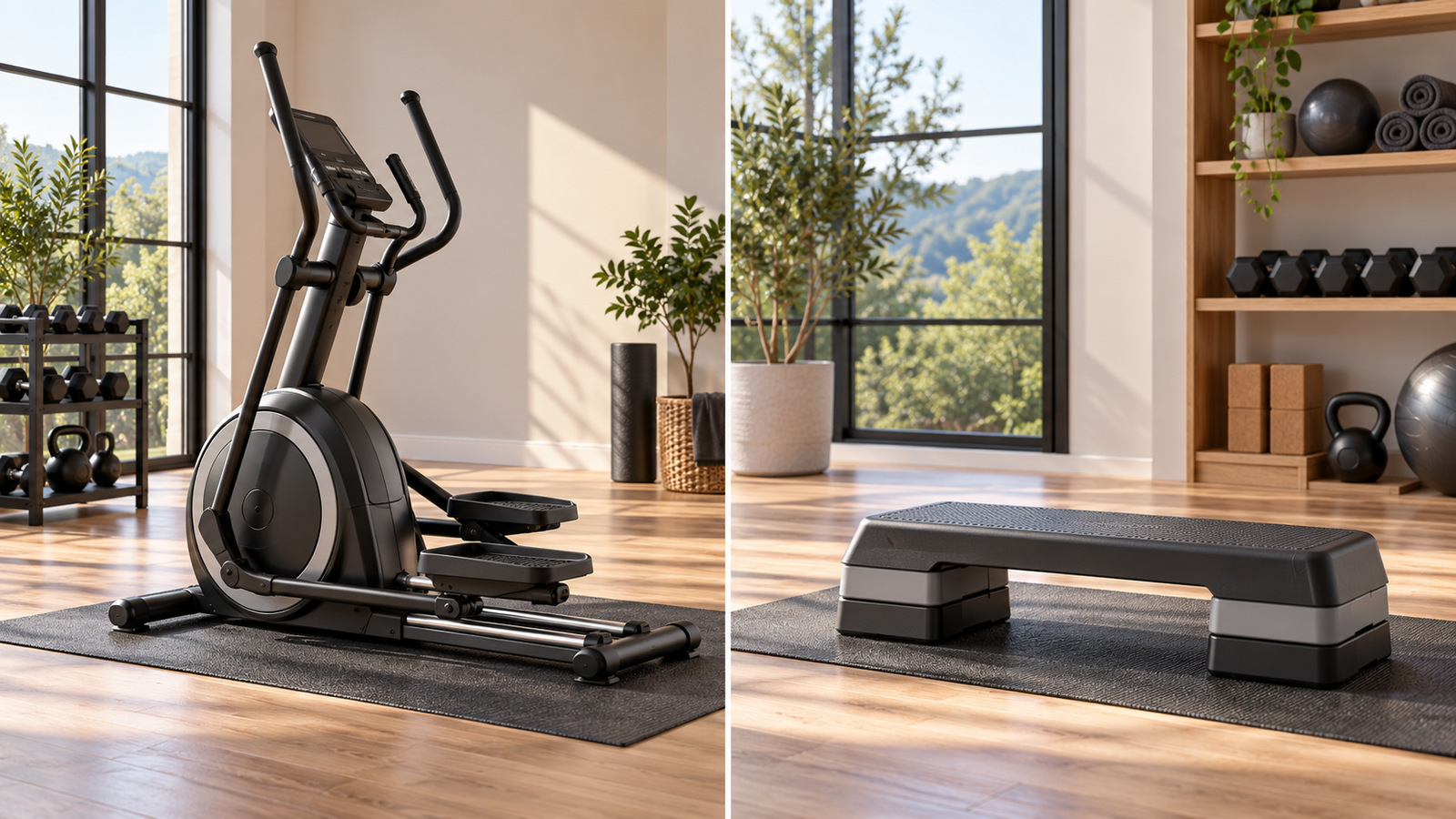 Elliptical cross trainer and aerobic step platform compared side by side in a compact home gym