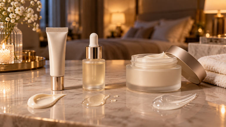 Unbranded comparison of eye cream and eye serum and face moisturiser on a neutral editorial product display