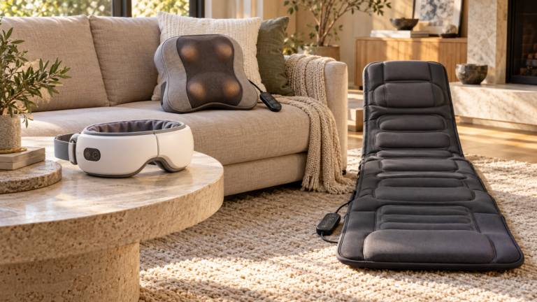 Unbranded comparison of eye massager and shiatsu cushion and vibrating mat on a neutral editorial product display