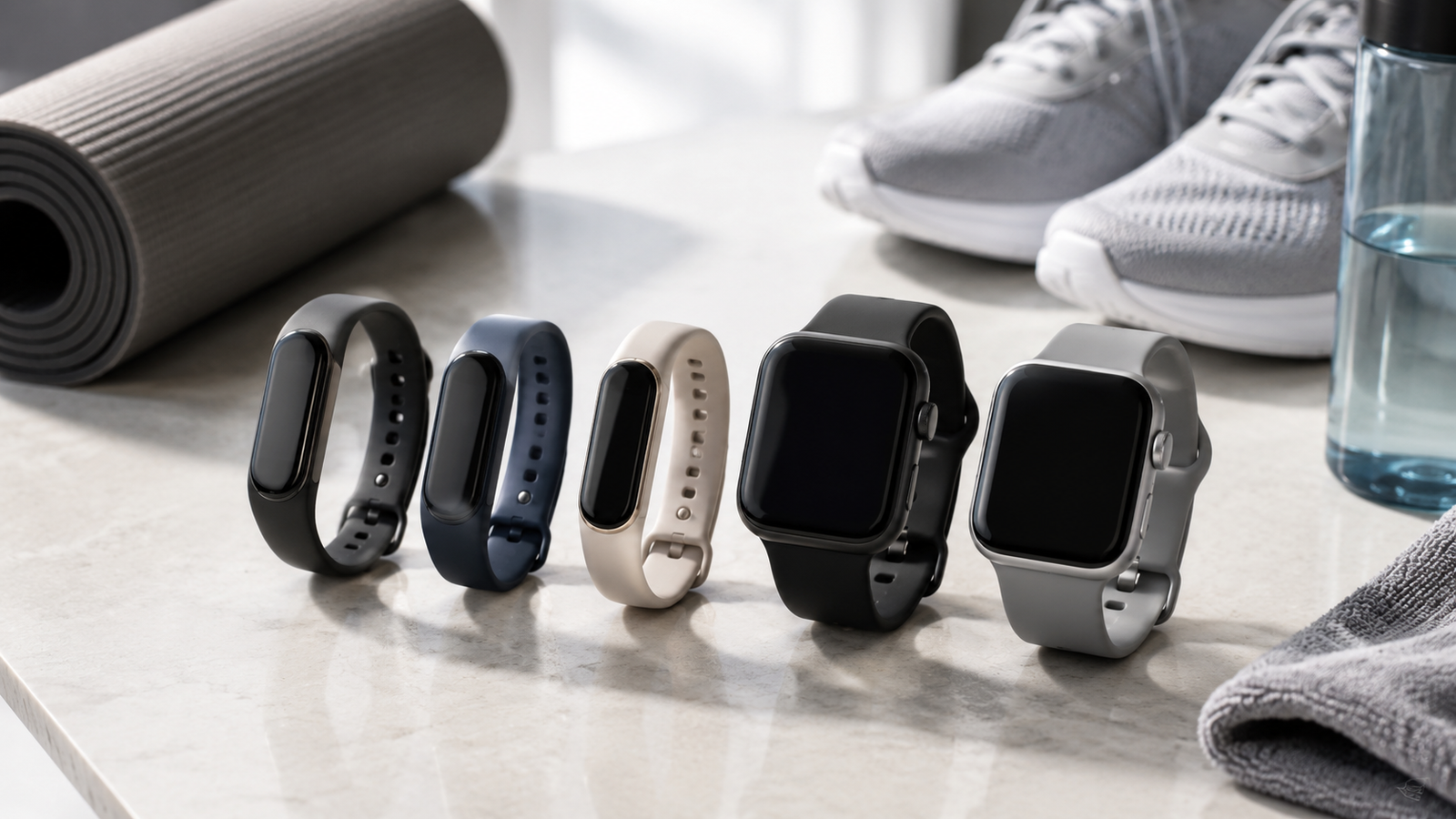 Slim unbranded fitness trackers beside larger smartwatch-style wearables on a clean fitness tabletop